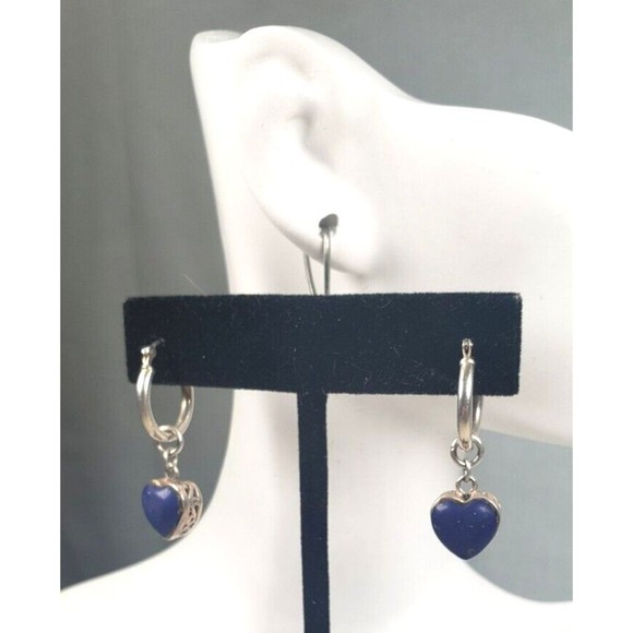 Stirling Silver 925 Lapis Heart Shaped Blue Gemstone Small Hoop Earrings - Picture 5 of 13